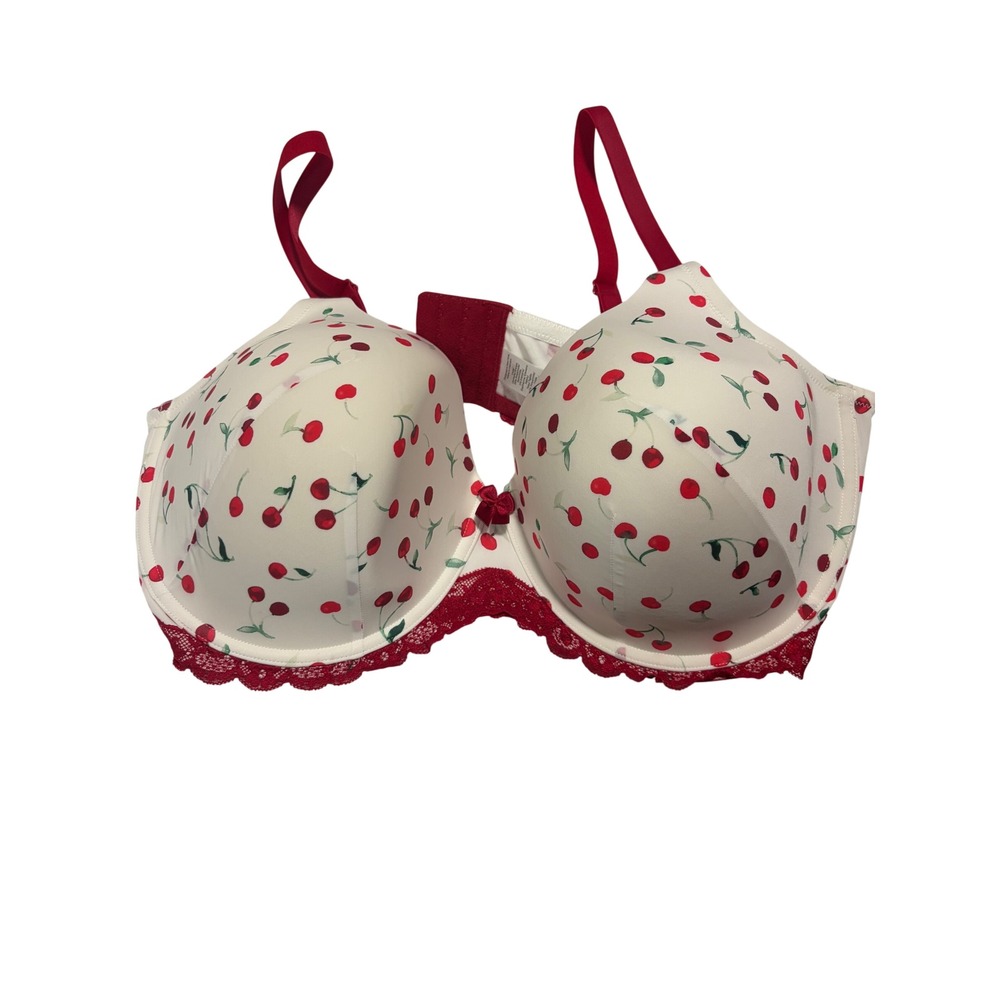 Adore Me Cherry Print Lace Trim Full Coverage Underwire Bra Red White 42DDD